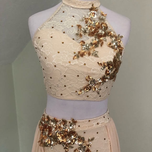 ART STONE Custom lyrical two piece dance costume Gold & Cream - Picture 3 of 6